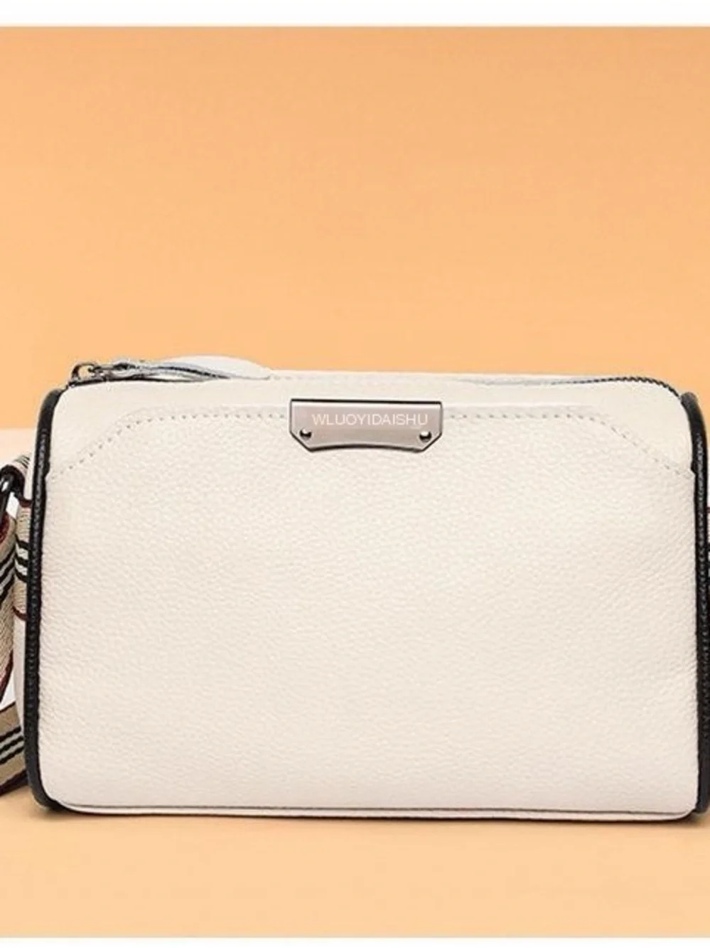 Off White Genuine Leather Crossbody Bag with Striped Strap